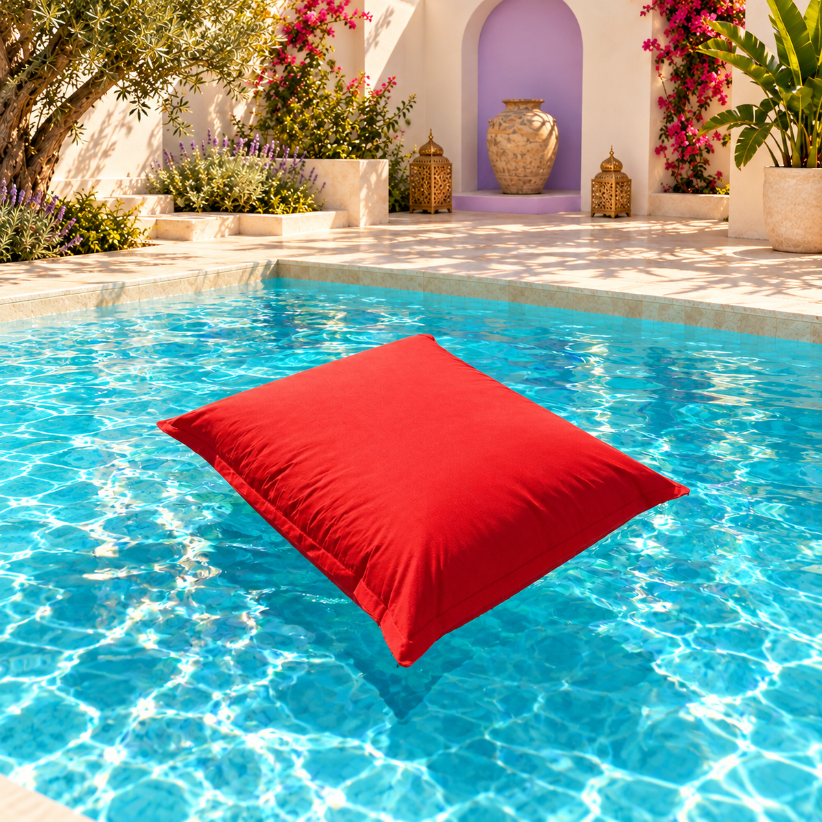 Coussin piscine rouge — modèle original, tissu uni, piscine de riad