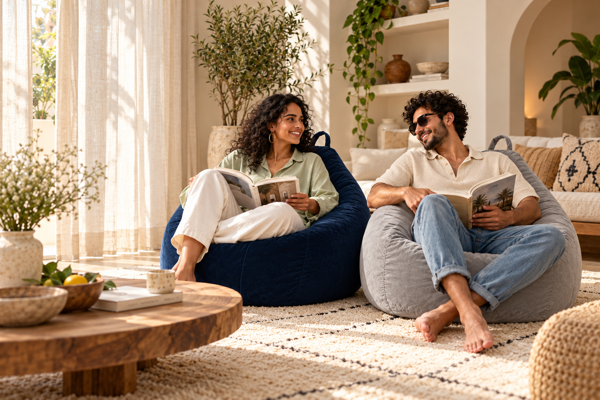 Même couple lisant sur poufs velours bleu marine et gris